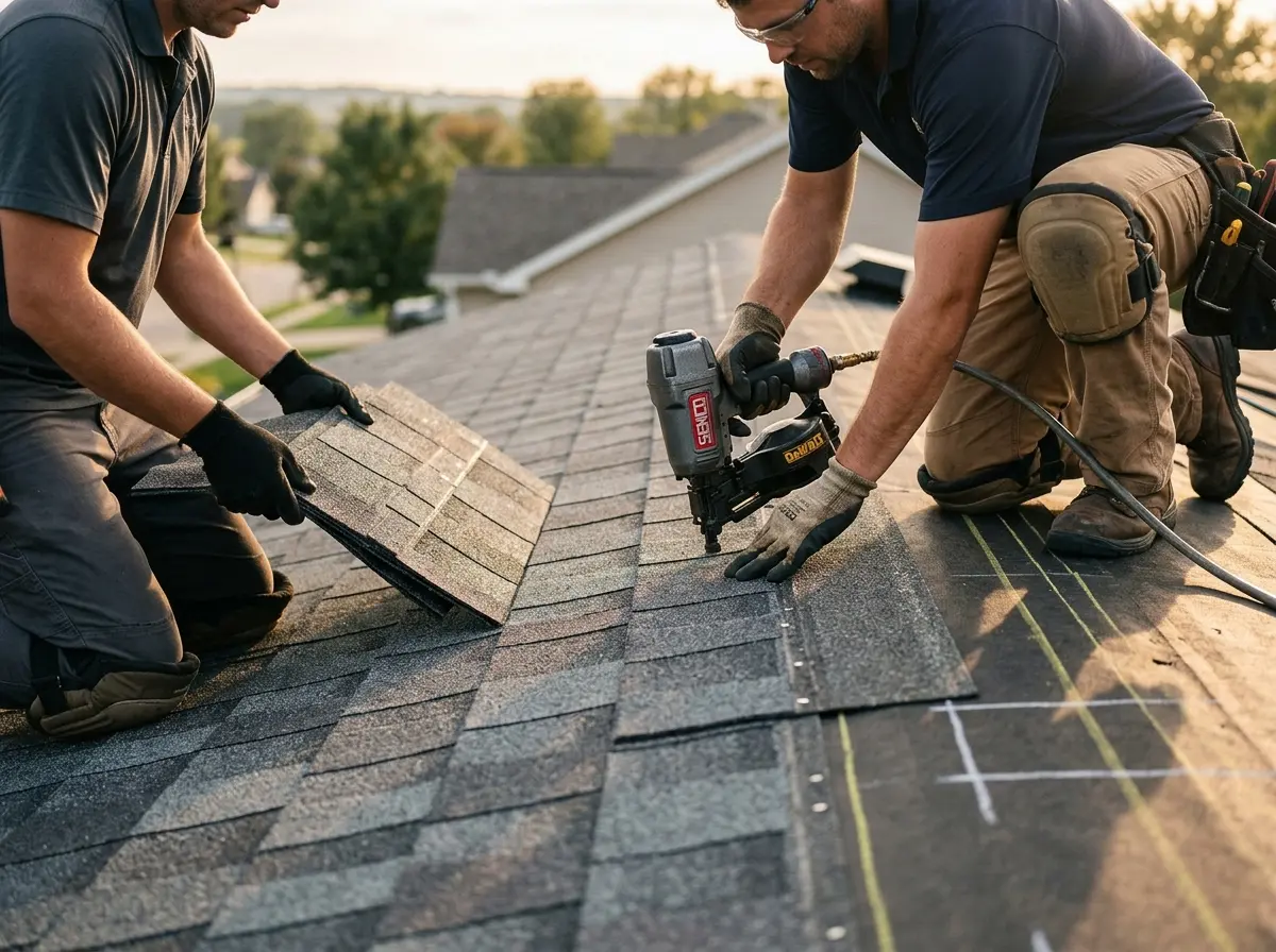 Professional roofer working on a residential roof in Parole